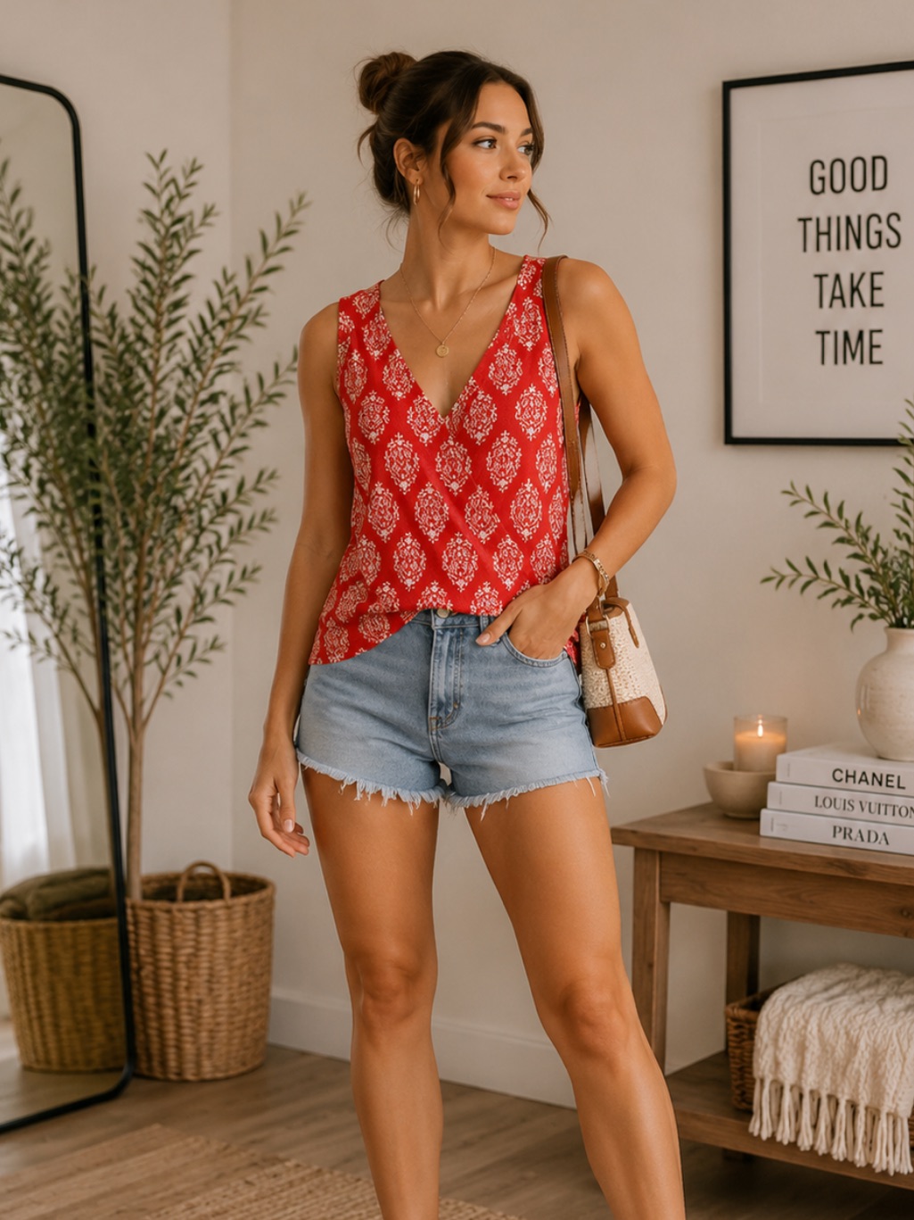 Old Navy Red Sleeveless V-Neck Printed Camisole